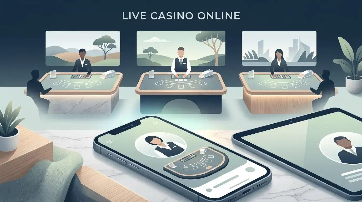 Abstract illustration of live casino tables on desktop and mobile