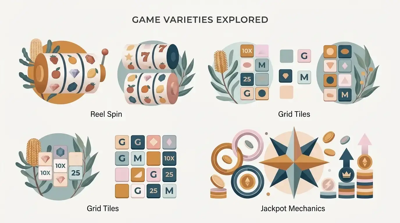 Abstract illustration of pokies categories and jackpot-style game tiles